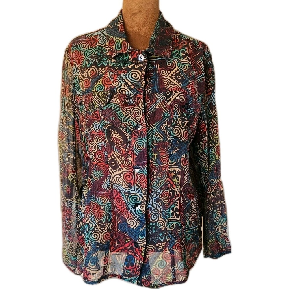 Vintage Chico's Silk Button Down Shirt Artsy Colorful Semi Sheer 2 Geometric Top